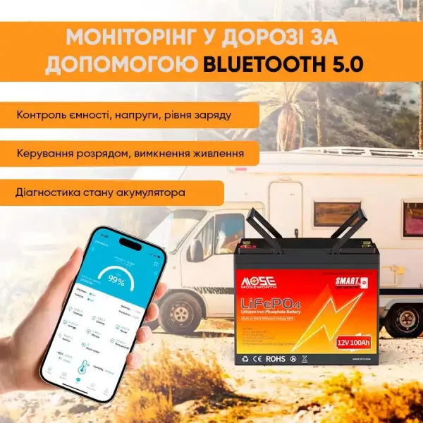 Літій-залізо-фосфатний акумулятор MOSEWORTH LiFePO4 12V 100 Ah Smart (1280Wh) (BMS 100A)